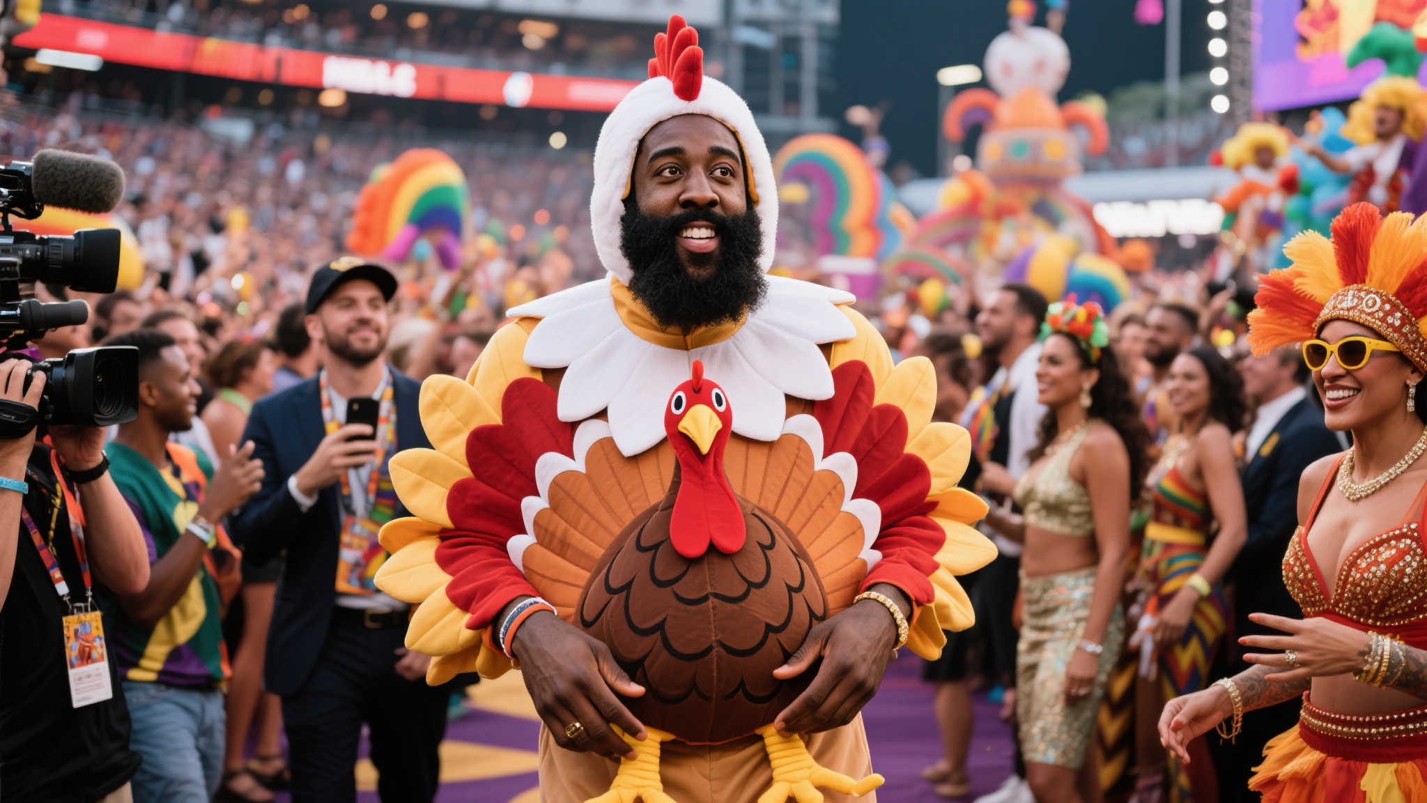 在一年一度的狂欢节中，众多名人纷纷参与其中，有些则